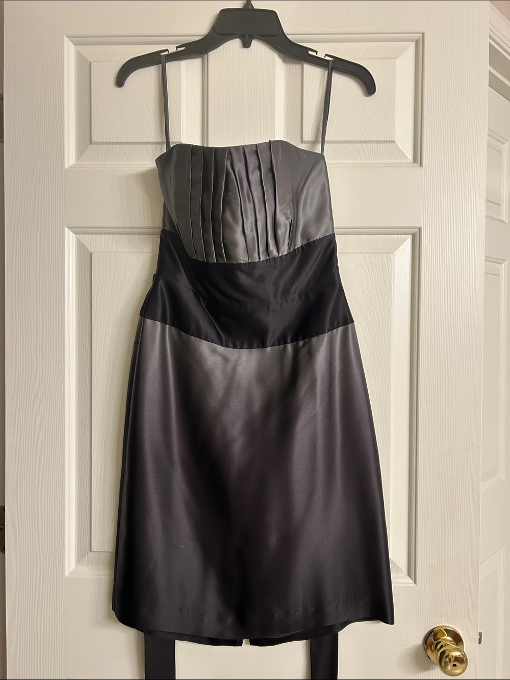 White House Black Market Black and Gunmetal Strapless Pleated Bodice Dress